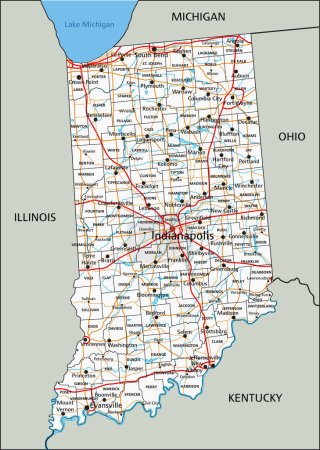 Téléchargez les illustrations : Carte routière détaillée de l'Indiana avec étiquetage. - en licence libre de droit