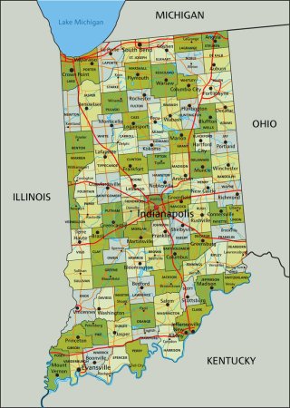 Téléchargez les illustrations : Carte politique modifiable très détaillée avec des couches séparées. Indiana. - en licence libre de droit