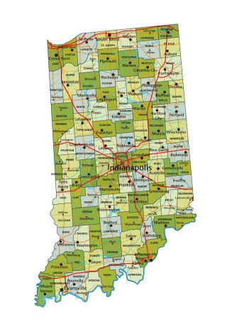 Ilustración de Mapa político editable altamente detallado con capas separadas. Indiana.. - Imagen libre de derechos