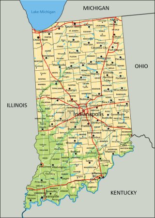 Téléchargez les illustrations : Carte physique détaillée de l'Indiana avec étiquetage. - en licence libre de droit