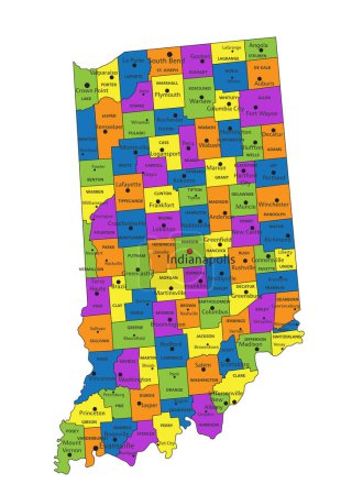 Téléchargez les illustrations : Carte politique colorée de l'Indiana avec des couches clairement étiquetées et séparées. Illustration vectorielle. - en licence libre de droit