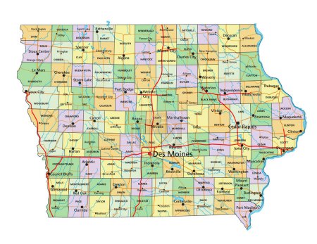Ilustración de Iowa - Mapa político editable altamente detallado con etiquetado. - Imagen libre de derechos