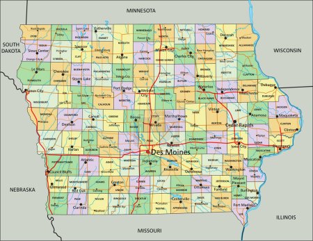 Ilustración de Iowa - Mapa político editable altamente detallado con etiquetado. - Imagen libre de derechos