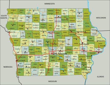 Ilustración de Mapa político editable altamente detallado con capas separadas. Iowa. - Imagen libre de derechos