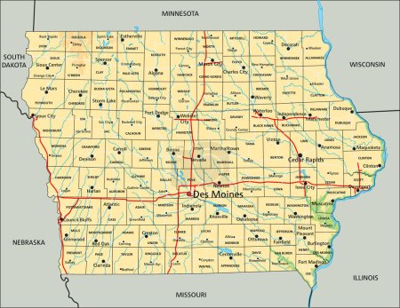 Ilustración de Alto mapa físico detallado de Iowa con etiquetado. - Imagen libre de derechos