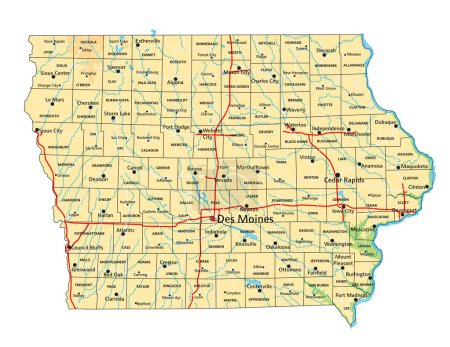 Alto mapa físico detallado de Iowa con etiquetado.