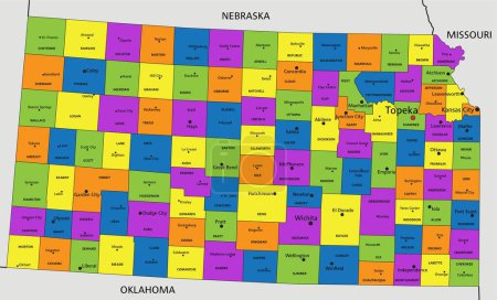 Téléchargez les illustrations : Carte politique colorée du Kansas avec des couches clairement étiquetées et séparées. Illustration vectorielle. - en licence libre de droit