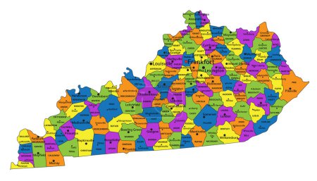 Ilustración de Colorido mapa político de Kentucky con capas claramente etiquetadas y separadas. Ilustración vectorial. - Imagen libre de derechos