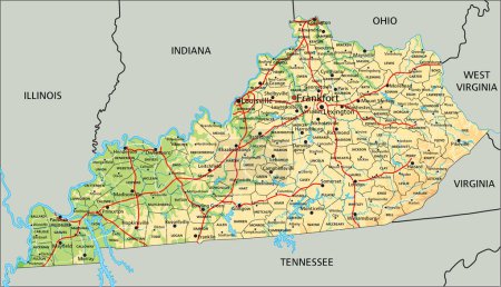 Alto mapa físico detallado de Kentucky con etiquetado.