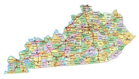 Téléchargez les illustrations : Kentucky - Carte politique modifiable très détaillée. - en licence libre de droit