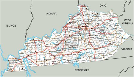 Ilustración de Mapa de ruta de Kentucky detallado con etiquetado. - Imagen libre de derechos