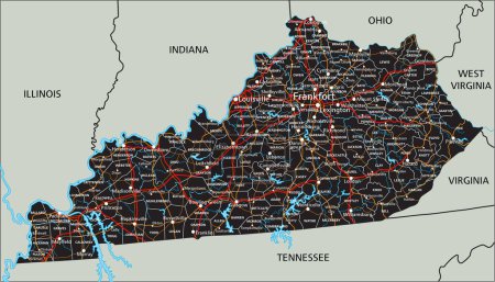 High detailed Kentucky road map with labeling.