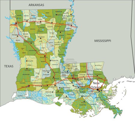 Ilustración de Mapa político editable altamente detallado con capas separadas. Luisiana. - Imagen libre de derechos