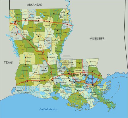 Téléchargez les illustrations : Carte politique modifiable très détaillée avec des couches séparées. Louisiane. - en licence libre de droit