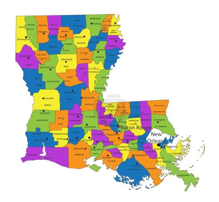 Ilustración de Colorido mapa político de Luisiana con capas claramente etiquetadas y separadas. Ilustración vectorial. - Imagen libre de derechos