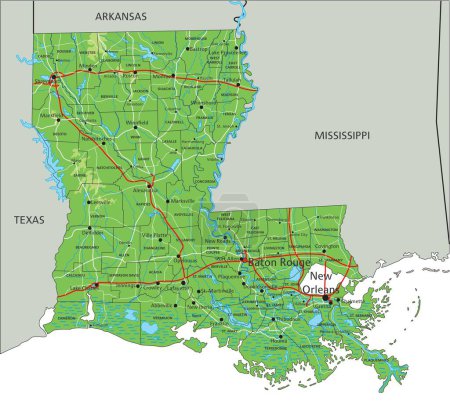 Ilustración de Alto mapa físico detallado de Louisiana con etiquetado. - Imagen libre de derechos