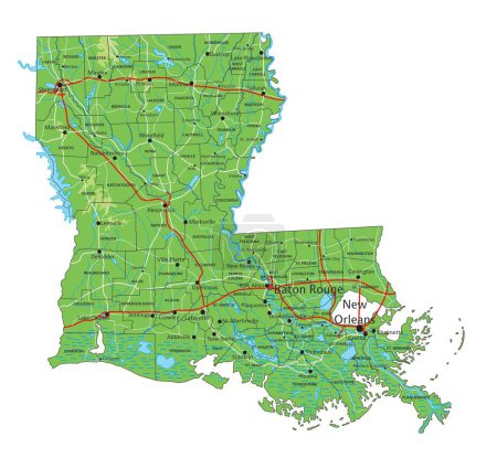 Ilustración de Alto mapa físico detallado de Louisiana con etiquetado. - Imagen libre de derechos