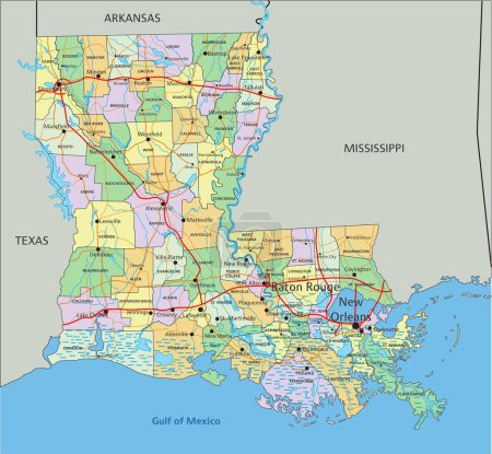 Ilustración de Louisiana - Mapa político editable altamente detallado con etiquetado. - Imagen libre de derechos