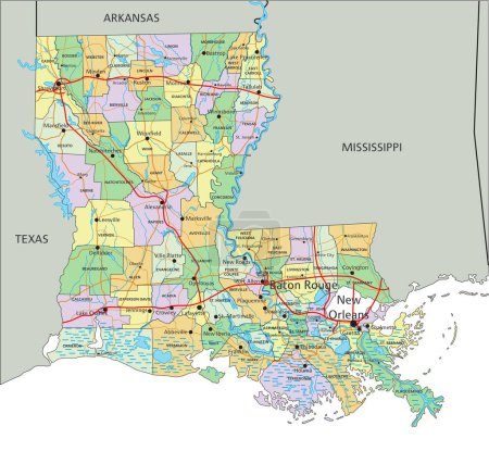 Ilustración de Louisiana - Mapa político editable altamente detallado con etiquetado. - Imagen libre de derechos