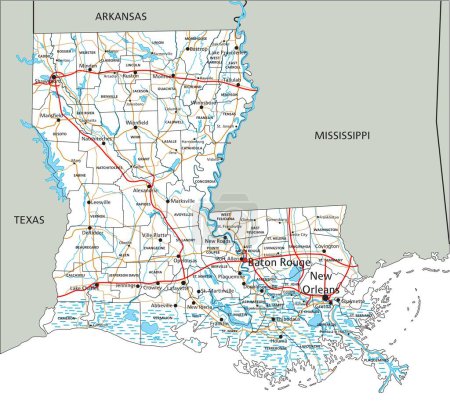 Ilustración de Alta hoja de ruta detallada de Louisiana con etiquetado. - Imagen libre de derechos