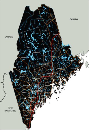 Téléchargez les illustrations : Carte routière détaillée du Maine avec étiquetage. - en licence libre de droit