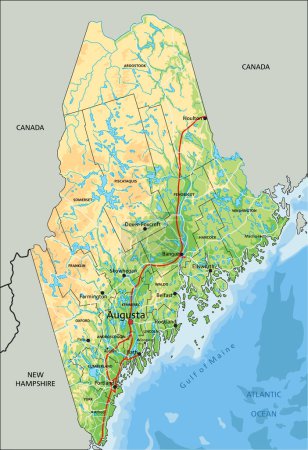 Ilustración de Alto mapa físico detallado de Maine con etiquetado. - Imagen libre de derechos