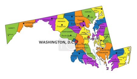 Ilustración de Colorido mapa político de Maryland con capas claramente etiquetadas y separadas. Ilustración vectorial. - Imagen libre de derechos