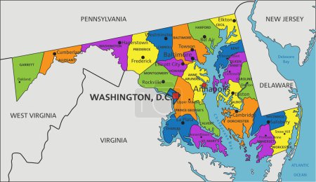 Téléchargez les illustrations : Carte politique colorée du Maryland avec des couches clairement étiquetées et séparées. Illustration vectorielle. - en licence libre de droit