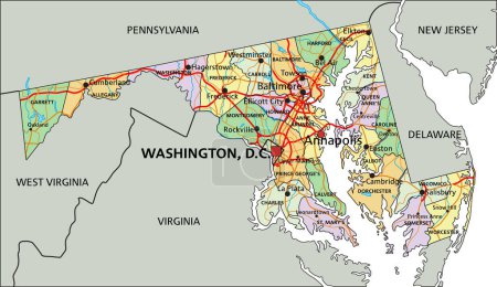 Ilustración de Maryland - Mapa político editable altamente detallado con etiquetado. - Imagen libre de derechos