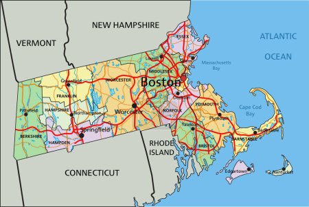 Téléchargez les illustrations : Massachusetts - Carte politique modifiable très détaillée. - en licence libre de droit