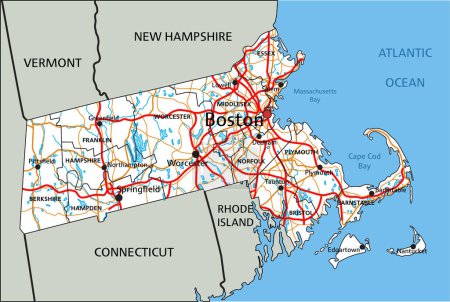 Ilustración de Alta hoja de ruta detallada de Massachusetts con etiquetado. - Imagen libre de derechos