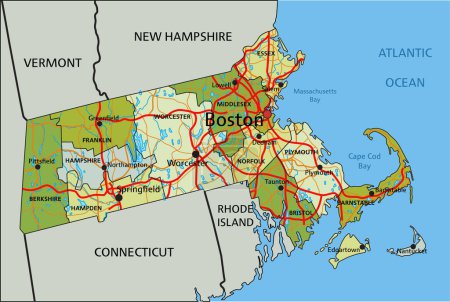 Ilustración de Mapa político editable altamente detallado con capas separadas. Massachusetts. - Imagen libre de derechos
