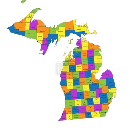 Téléchargez les illustrations : Carte politique colorée du Michigan avec des couches clairement étiquetées et séparées. Illustration vectorielle. - en licence libre de droit