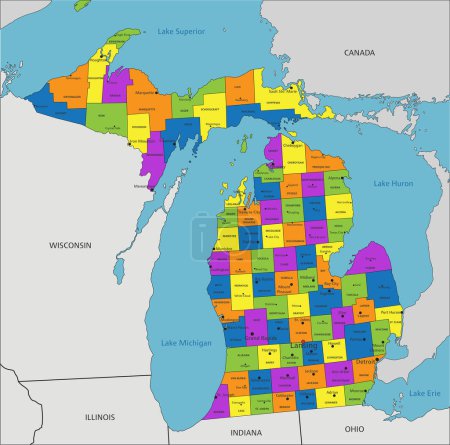 Téléchargez les illustrations : Carte politique colorée du Michigan avec des couches clairement étiquetées et séparées. Illustration vectorielle. - en licence libre de droit