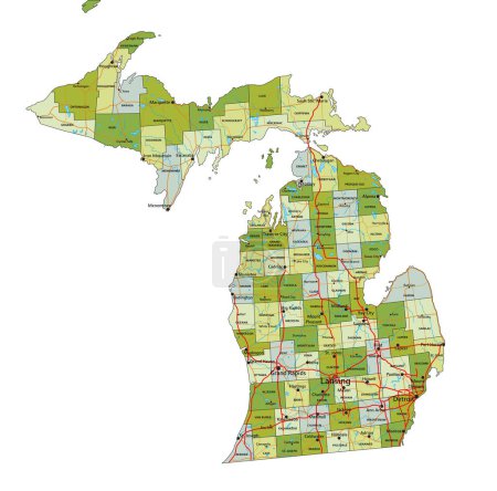 Ilustración de Mapa político editable altamente detallado con capas separadas. Michigan. - Imagen libre de derechos