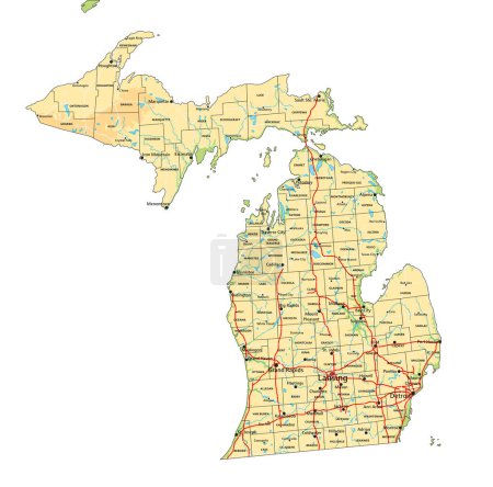 Ilustración de Mapa físico detallado de Michigan con etiquetado. - Imagen libre de derechos