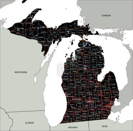 Téléchargez les illustrations : Carte routière détaillée du Michigan avec étiquetage. - en licence libre de droit