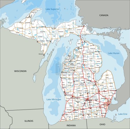Hoja de ruta detallada de Michigan con etiquetado.