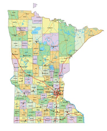 Ilustración de Minnesota - Mapa político editable altamente detallado con etiquetado. - Imagen libre de derechos