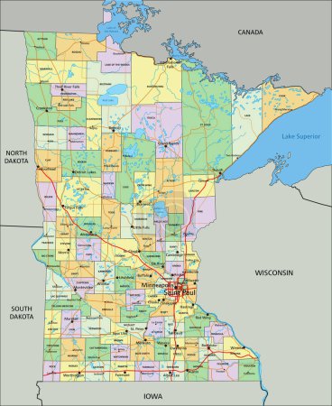 Téléchargez les illustrations : Minnesota - Carte politique modifiable très détaillée avec étiquetage. - en licence libre de droit