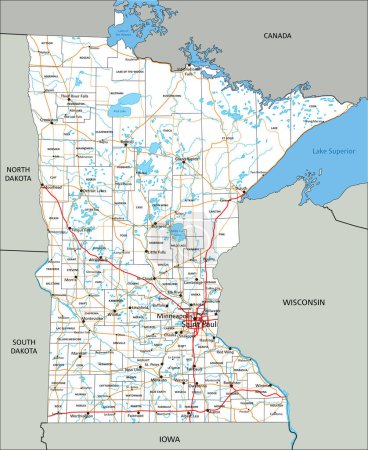 Ilustración de Alta hoja de ruta detallada de Minnesota con etiquetado. - Imagen libre de derechos