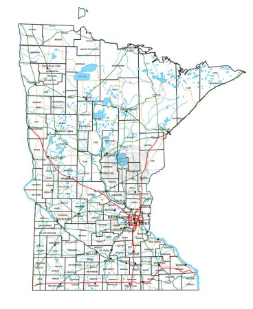 Téléchargez les illustrations : Carte routière et routière du Minnesota. Illustration vectorielle. - en licence libre de droit
