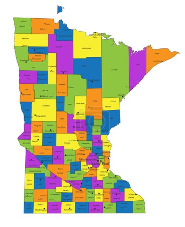 Ilustración de Colorido mapa político de Minnesota con capas claramente etiquetadas y separadas. Ilustración vectorial. - Imagen libre de derechos