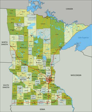Téléchargez les illustrations : Carte politique modifiable très détaillée avec des couches séparées. Minnesota. - en licence libre de droit