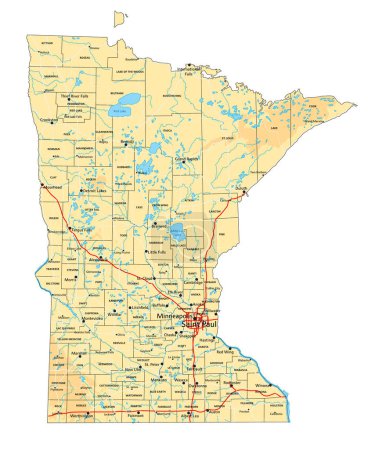Ilustración de Alto mapa físico detallado de Minnesota con etiquetado. - Imagen libre de derechos