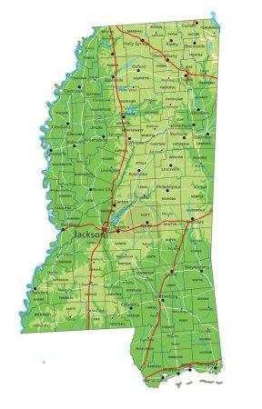 Alto mapa físico detallado de Mississippi con etiquetado.