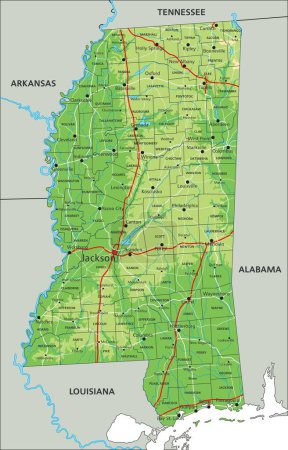 Ilustración de Alto mapa físico detallado de Mississippi con etiquetado. - Imagen libre de derechos