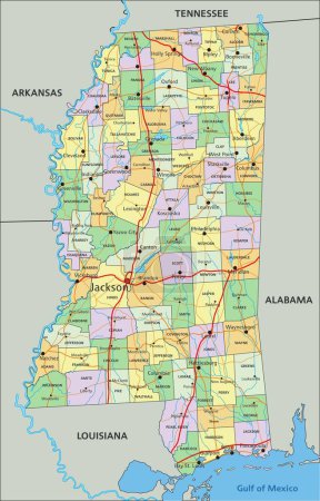 Ilustración de Mississippi - Mapa político editable altamente detallado con etiquetado. - Imagen libre de derechos