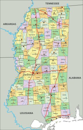 Ilustración de Mississippi - Mapa político editable altamente detallado con etiquetado. - Imagen libre de derechos