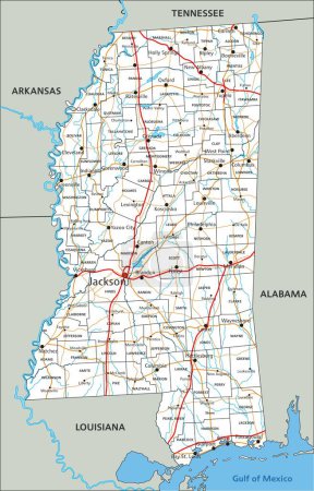 Téléchargez les illustrations : Carte routière détaillée du Mississippi avec étiquetage. - en licence libre de droit